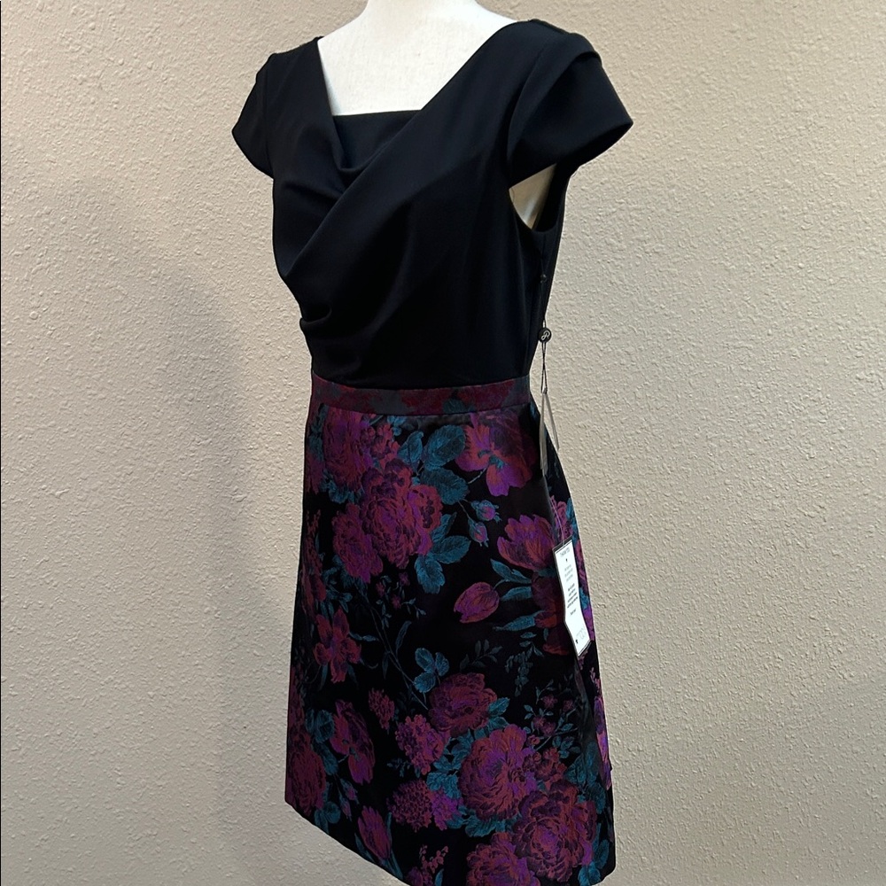 Adrianna Papell Floral Black Dress with Cap Sleeves Size 6 - Picture 7 of 7